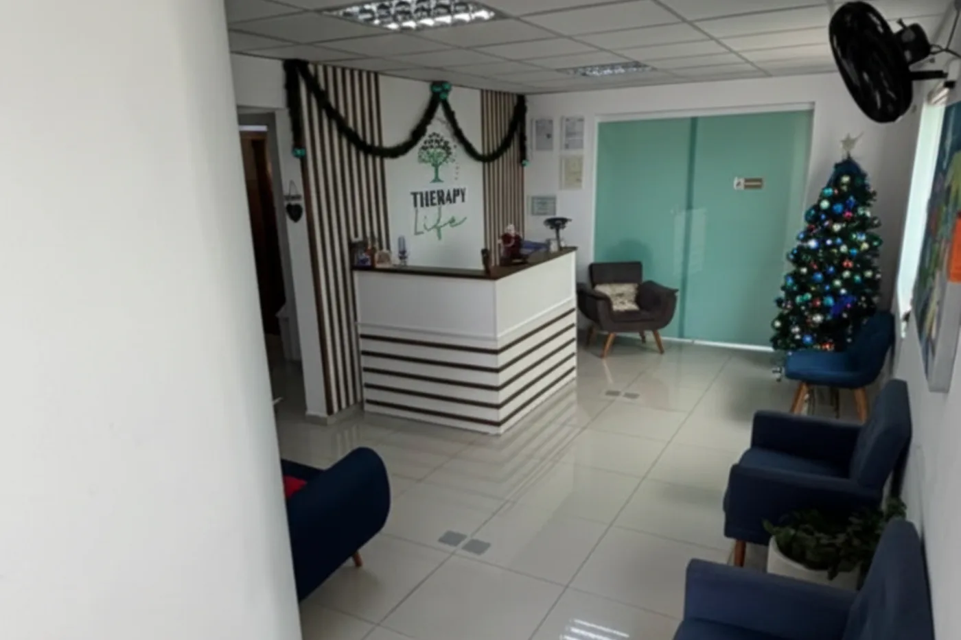 Recepção da Therapy Life, com balcão e poltronas para as famílias