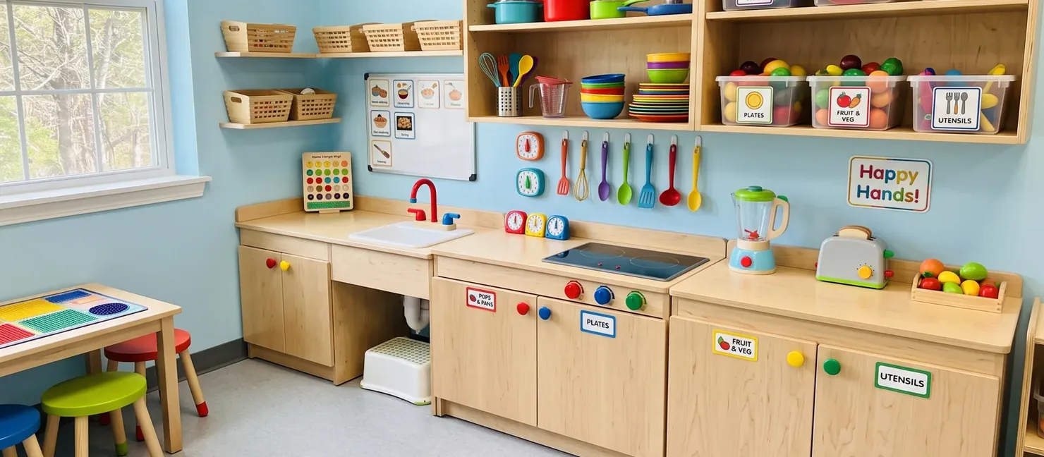 Cozinha lúdica com utensílios e alimentos de brinquedo